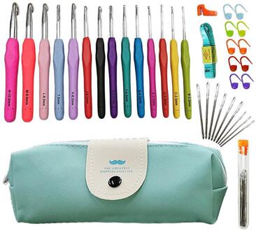 36 Stks/set Zachte Handvat Aluminium Haaknaalden Kit Garen Breien Naalden Naaien Gereedschap Ergonomische Grip Set Haak Met Opbergtas Blauw