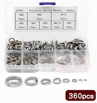 360Pcs Veerring Assortiment Kit Rvs M2 M2.5 M3 M4 M5 M6 M8 M10 Lente Borgring GB93 elastische Pakking