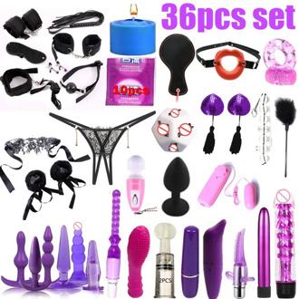 36pcs set Porno Sex Handcuffs Nipple Clamps Whip Mouth Gag Sex Mask Anal Plug Bondage Set Sexy Lingerie Toys for Adults