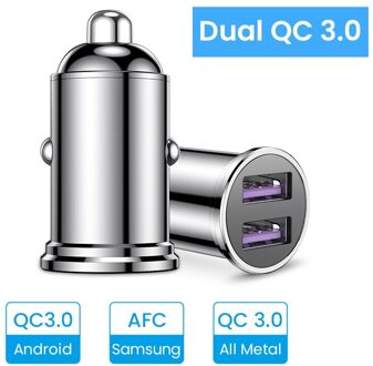 36W Qc 3.0 Quick Charge Dual Usb Autolader All Metal Car Auto Charger Mini Auto Telefoon Oplader Voor iphone Samsung Huawei Xiaomi zilver Dual QC 3.0