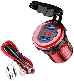 36W QC3.0 Motorfiets Usb Charger Socket Led Display Metalen Schakelaar Waterdicht Universele Truck Auto Aansteker Plug Voor Telefoon rood-kabel