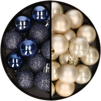 36x stuks kunststof kerstballen donkerblauw en champagne 3 en 4 cm