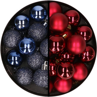 36x stuks kunststof kerstballen donkerblauw en donkerrood 3 en 4 cm