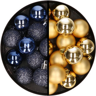 36x stuks kunststof kerstballen donkerblauw en goud 3 en 4 cm - Kerstbal Goudkleurig