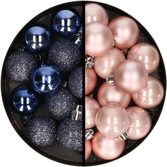 36x stuks kunststof kerstballen donkerblauw en lichtroze 3 en 4 cm - Kerstbal