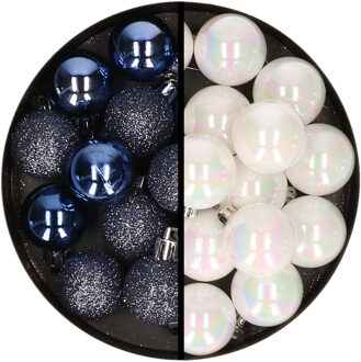 36x stuks kunststof kerstballen donkerblauw en parelmoer wit 3 en 4 cm - Kerstbal