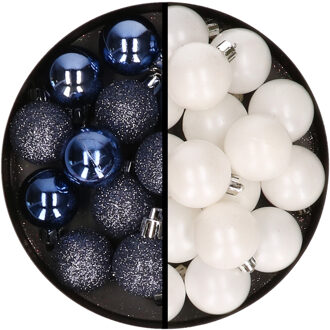 36x stuks kunststof kerstballen donkerblauw en wit 3 en 4 cm - Kerstbal