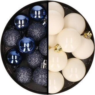 36x stuks kunststof kerstballen donkerblauw en wol wit 3 en 4 cm