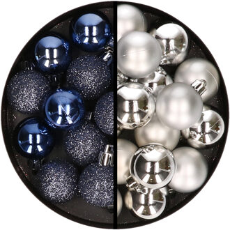 36x stuks kunststof kerstballen donkerblauw en zilver 3 en 4 cm - Kerstbal Zilverkleurig