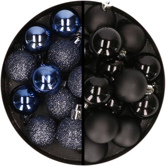 36x stuks kunststof kerstballen donkerblauw en zwart 3 en 4 cm