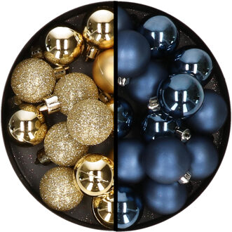 36x stuks kunststof kerstballen goud en donkerblauw 3 en 4 cm