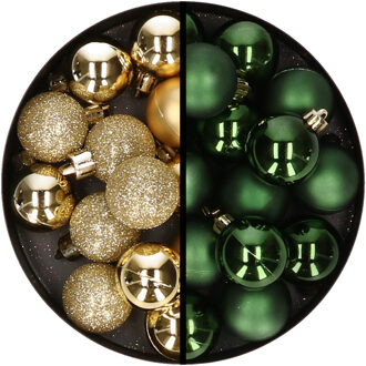 36x stuks kunststof kerstballen goud en donkergroen 3 en 4 cm