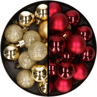 36x stuks kunststof kerstballen goud en donkerrood 3 en 4 cm
