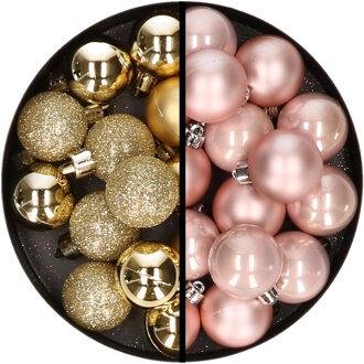 36x stuks kunststof kerstballen goud en lichtroze 3 en 4 cm