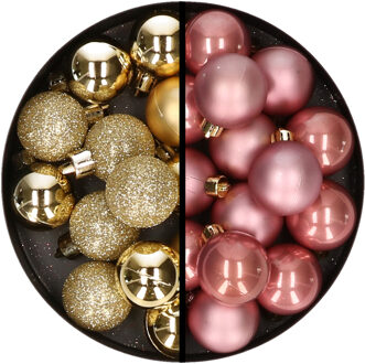 36x stuks kunststof kerstballen goud en oudroze 3 en 4 cm