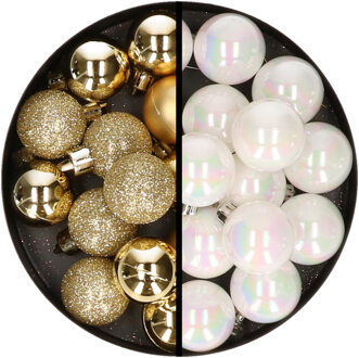 36x stuks kunststof kerstballen goud en parelmoer wit 3 en 4 cm