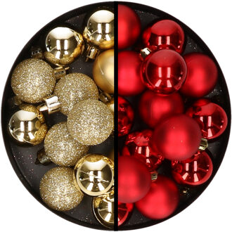 36x stuks kunststof kerstballen goud en rood 3 en 4 cm