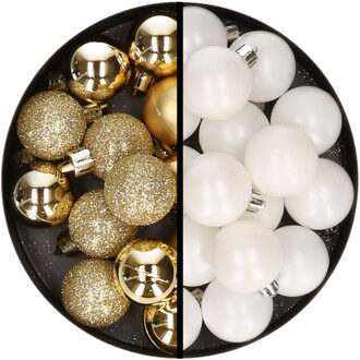 36x stuks kunststof kerstballen goud en wit 3 en 4 cm