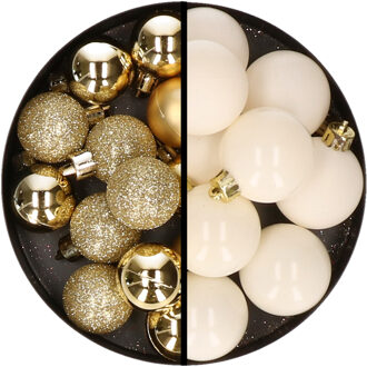 36x stuks kunststof kerstballen goud en wol wit 3 en 4 cm - Kerstbal Crème