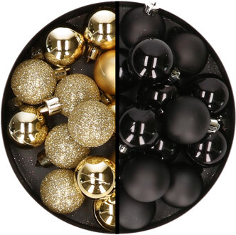 36x stuks kunststof kerstballen goud en zwart 3 en 4 cm