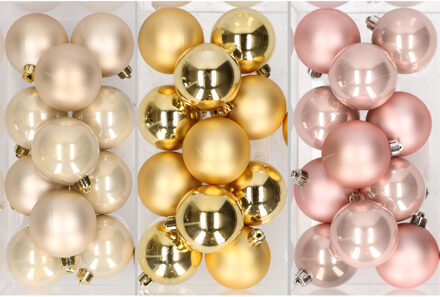 36x stuks kunststof kerstballen mix van champagne, goud en lichtroze 6 cm - Kerstbal Champagnekleurig