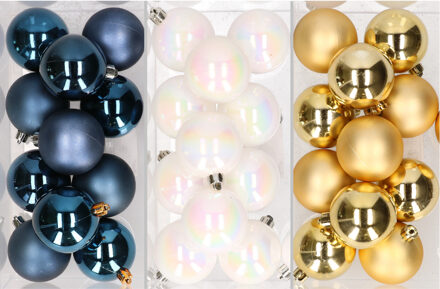 36x stuks kunststof kerstballen mix van donkerblauw, parelmoer wit en goud 6 cm - Kerstbal Goudkleurig