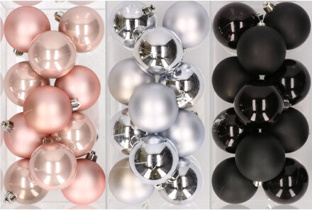 36x stuks kunststof kerstballen mix van lichtroze, zilver en zwart 6 cm - Kerstbal
