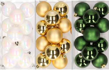 36x stuks kunststof kerstballen mix van parelmoer wit, goud en donkergroen 6 cm