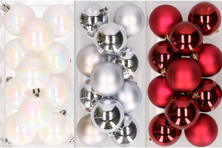 36x stuks kunststof kerstballen mix van parelmoer wit, zilver en kerstrood 6 cm