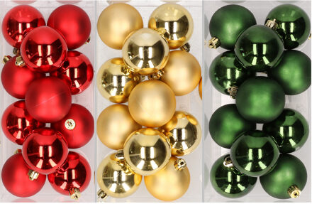 36x stuks kunststof kerstballen mix van rood, goud en donkergroen 6 cm