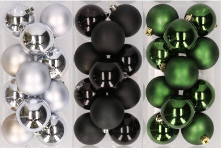 36x stuks kunststof kerstballen mix van zilver, zwart en donkergroen 6 cm - Kerstbal