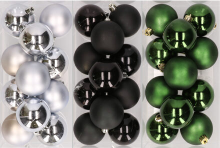 36x stuks kunststof kerstballen mix van zilver, zwart en donkergroen 6 cm