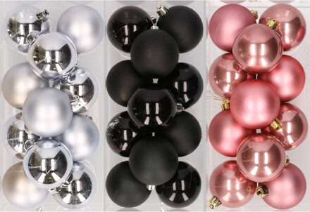 36x stuks kunststof kerstballen mix van zilver, zwart en oudroze 6 cm