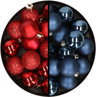 36x stuks kunststof kerstballen rood en donkerblauw 3 en 4 cm - Kerstbal