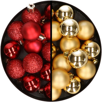 36x stuks kunststof kerstballen rood en goud 3 en 4 cm - Kerstbal Goudkleurig