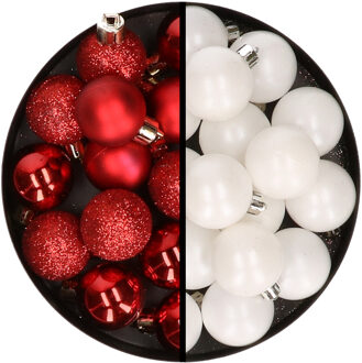 36x stuks kunststof kerstballen rood en wit 3 en 4 cm