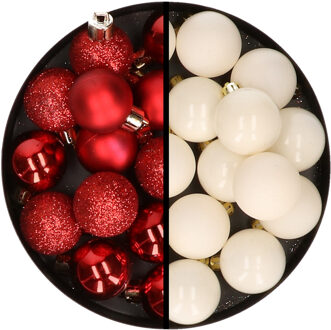 36x stuks kunststof kerstballen rood en wol wit 3 en 4 cm - Kerstbal Crème