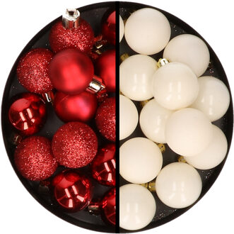 36x stuks kunststof kerstballen rood en wol wit 3 en 4 cm