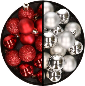 36x stuks kunststof kerstballen rood en zilver 3 en 4 cm - Kerstbal Zilverkleurig