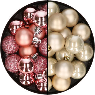 36x stuks kunststof kerstballen roze en champagne 3 en 4 cm