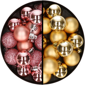 36x stuks kunststof kerstballen roze en goud 3 en 4 cm - Kerstbal Goudkleurig