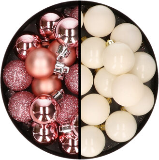 36x stuks kunststof kerstballen roze en wol wit 3 en 4 cm - Kerstbal Crème