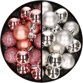 36x stuks kunststof kerstballen roze en zilver 3 en 4 cm - Kerstbal Zilverkleurig