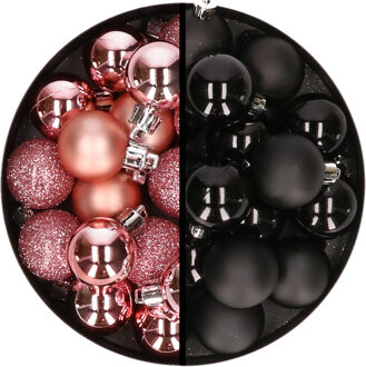 36x stuks kunststof kerstballen roze en zwart 3 en 4 cm
