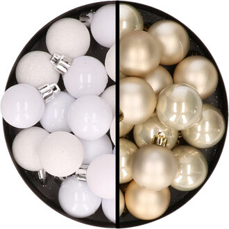 36x stuks kunststof kerstballen wit en champagne 3 en 4 cm
