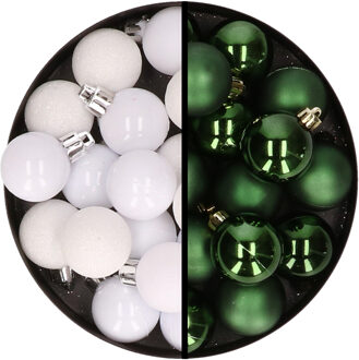 36x stuks kunststof kerstballen wit en donkergroen 3 en 4 cm
