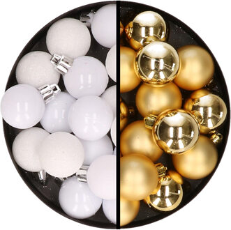 36x stuks kunststof kerstballen wit en goud 3 en 4 cm - Kerstbal Goudkleurig