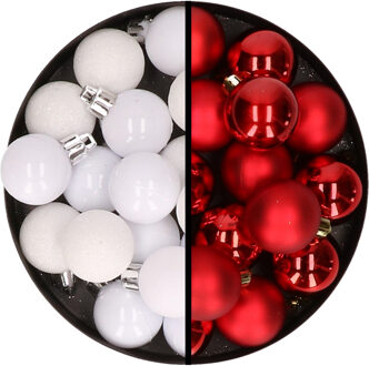 36x stuks kunststof kerstballen wit en rood 3 en 4 cm