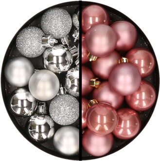 36x stuks kunststof kerstballen zilver en oudroze 3 en 4 cm