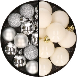 36x stuks kunststof kerstballen zilver en wol wit 3 en 4 cm - Kerstbal Crème